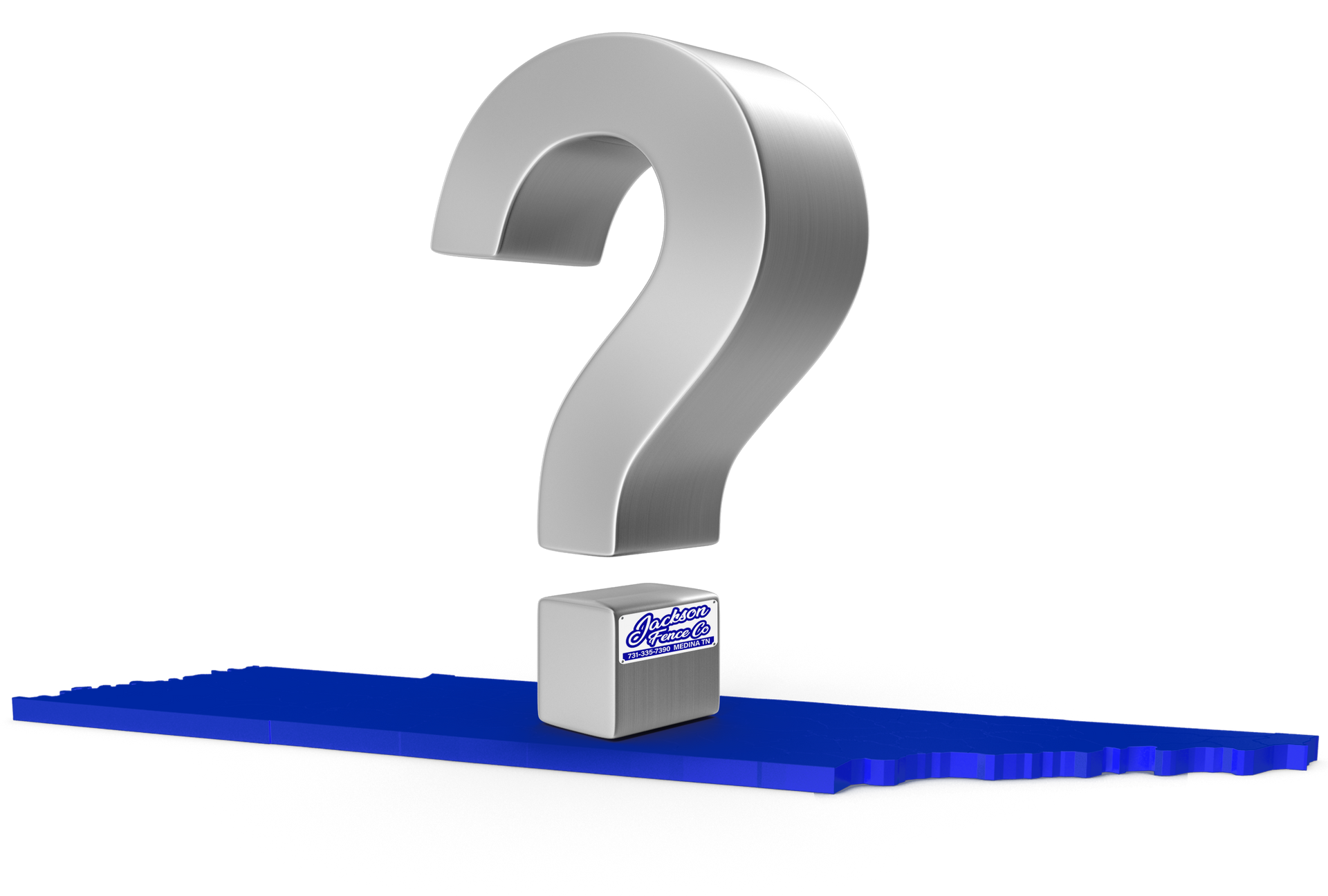 3D silver question mark on a blue platform with a small cube base