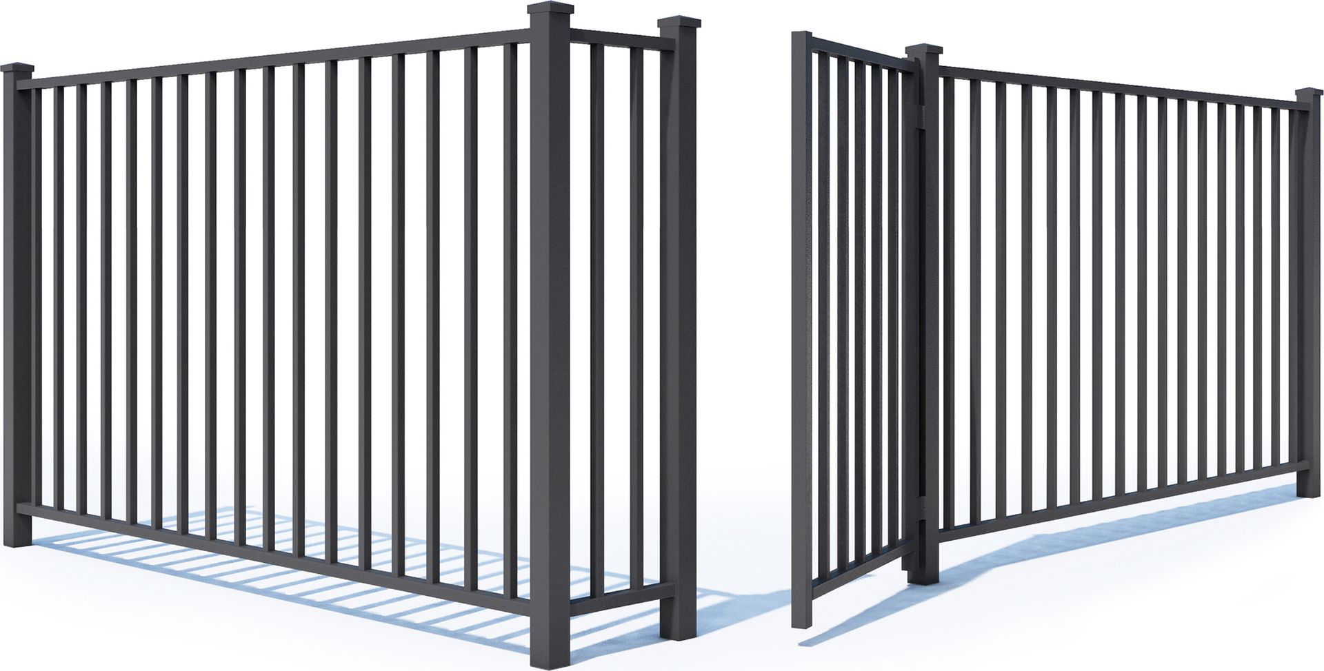 Black metal fence gate with vertical bars on a white background