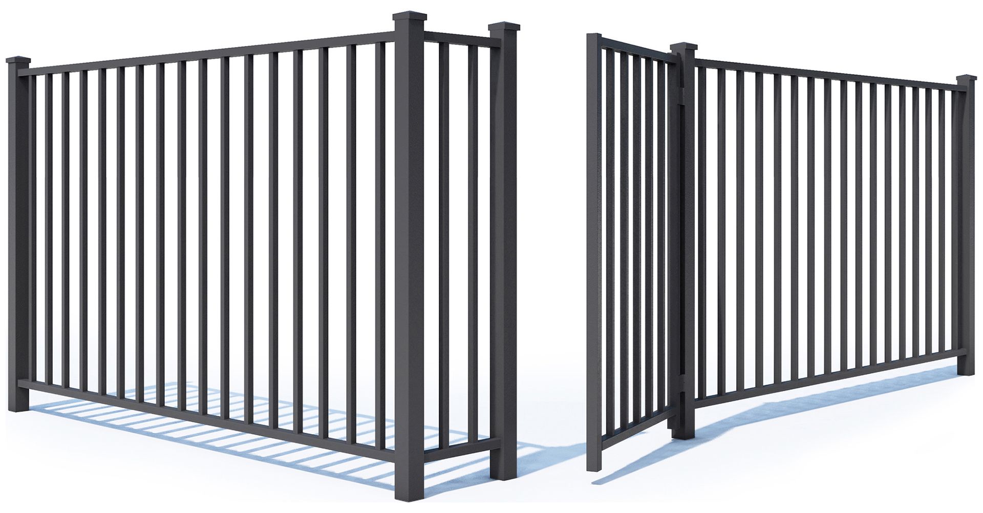 Two black metal fence panels with vertical bars, shown at angles on a white background