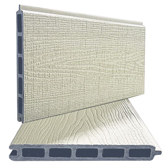Two beige vinyl siding panels with wood-grain texture, shown in a stacked cross-section view.