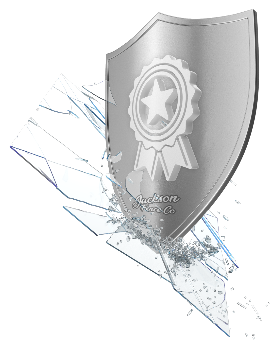 Silver shield emblem with ribbon over cracked glass shards on a white background