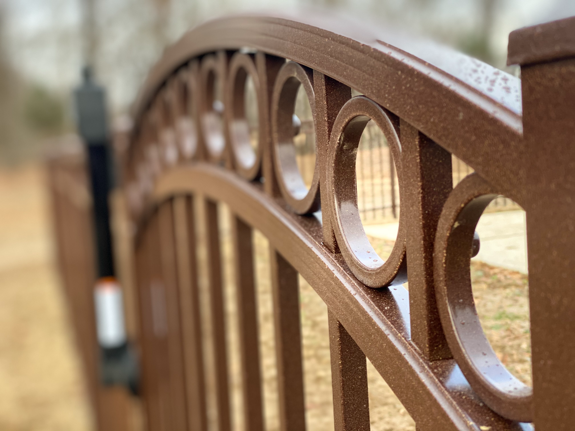Close-up of a brown metal bridge railing with circular cutouts and a blurred outdoor background