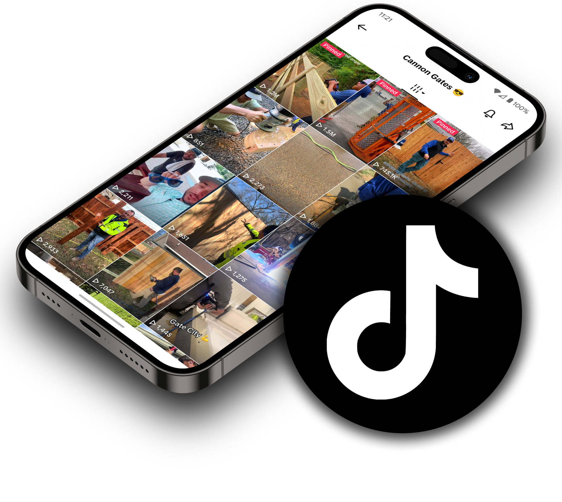 TikTok app logo beside a smartphone displaying a grid of video thumbnails