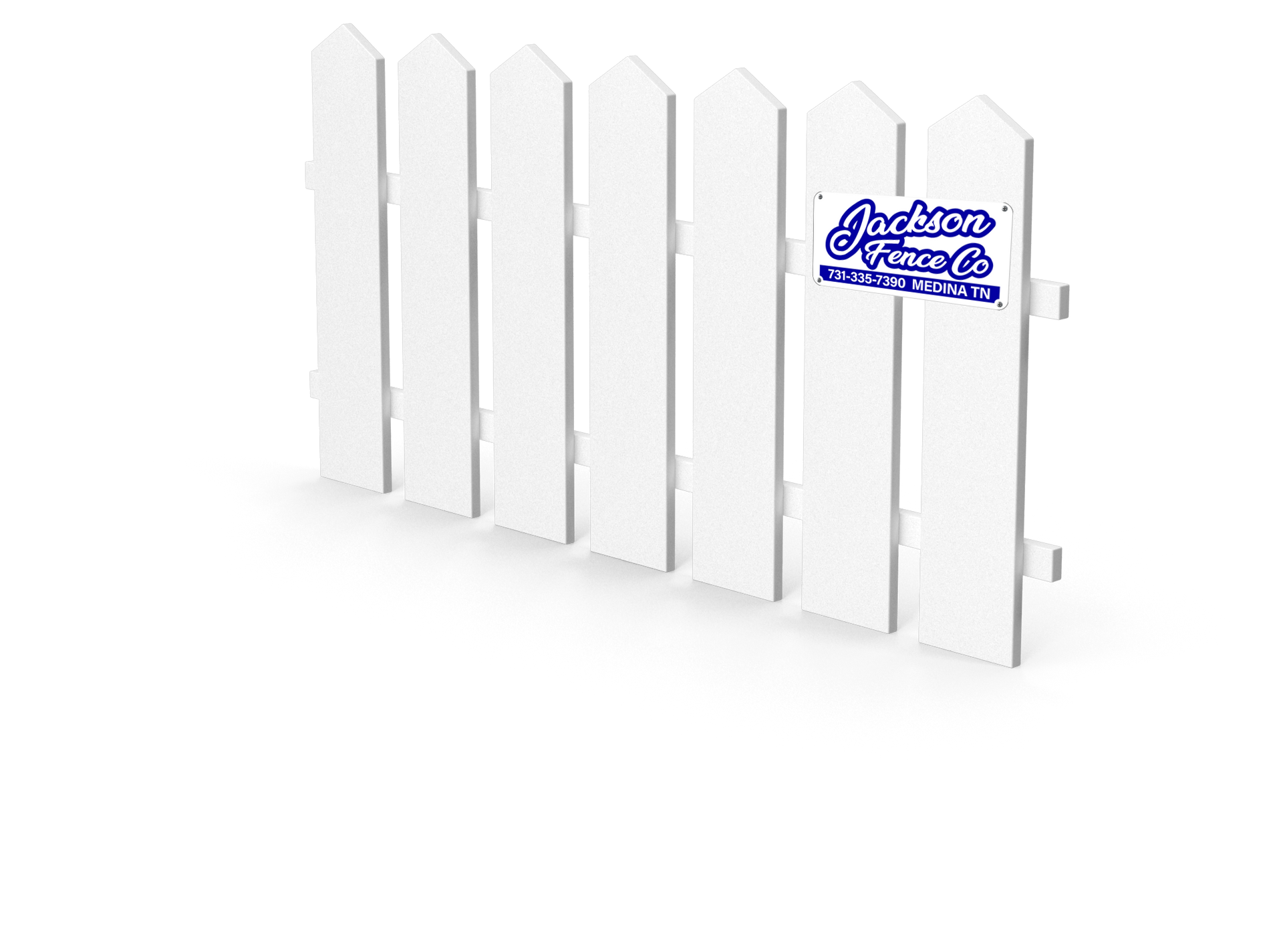 White picket fence with a blue logo on one slat, isolated on a white background