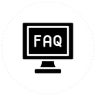 Black computer monitor icon with “FAQ” on the screen in white.