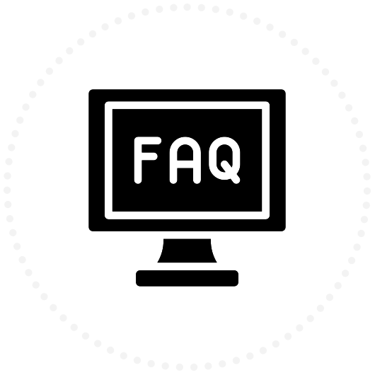 Black computer monitor icon with “FAQ” on the screen in white.