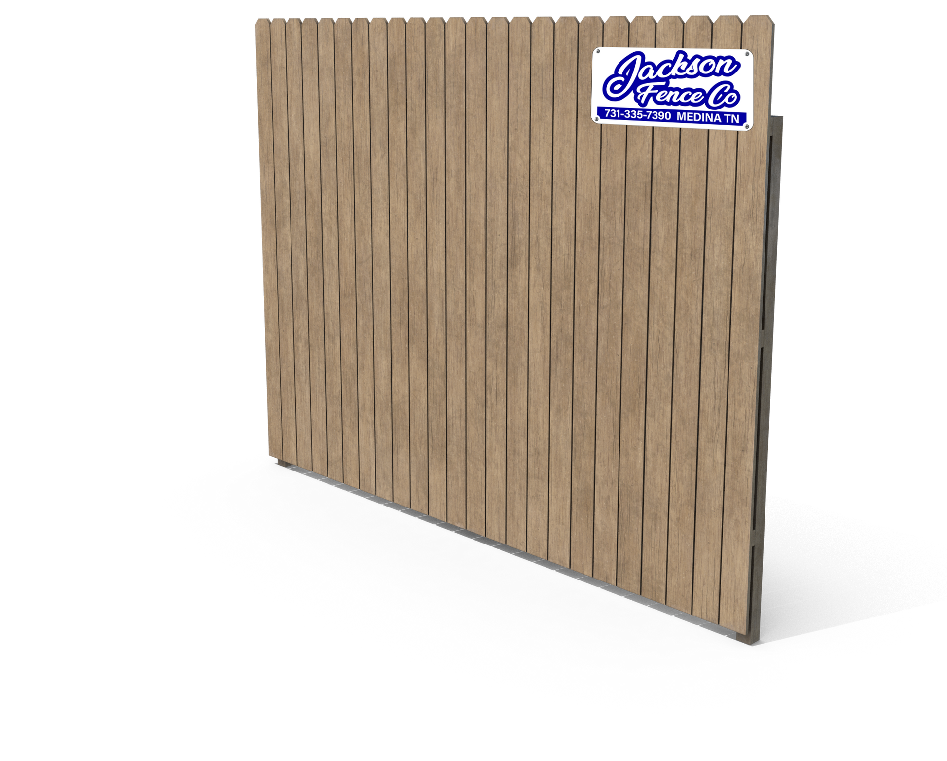Wooden slatted privacy fence panel with a small blue logo in the top right corner