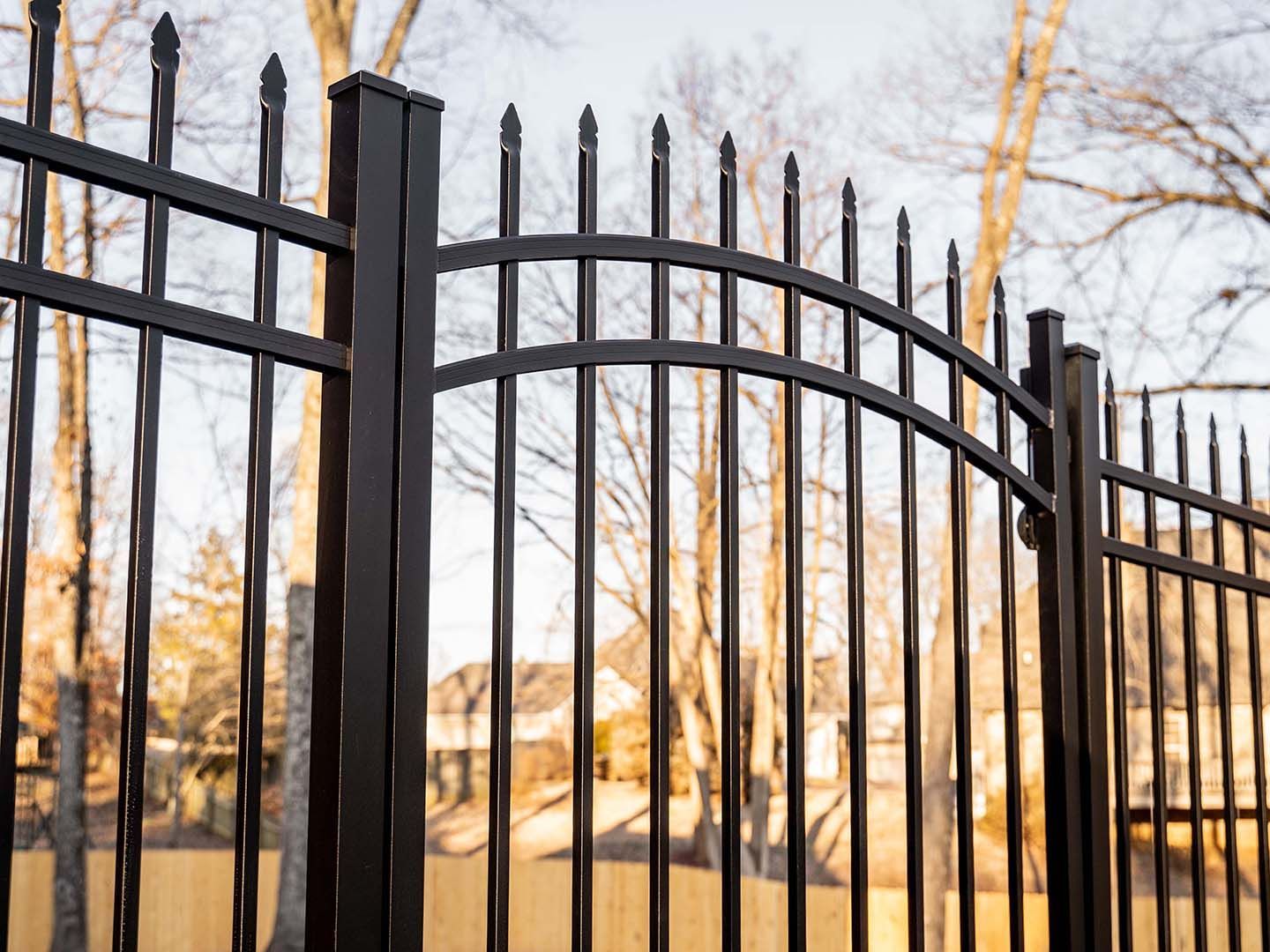 Black wrought iron fence with an arched gate in a winter park
