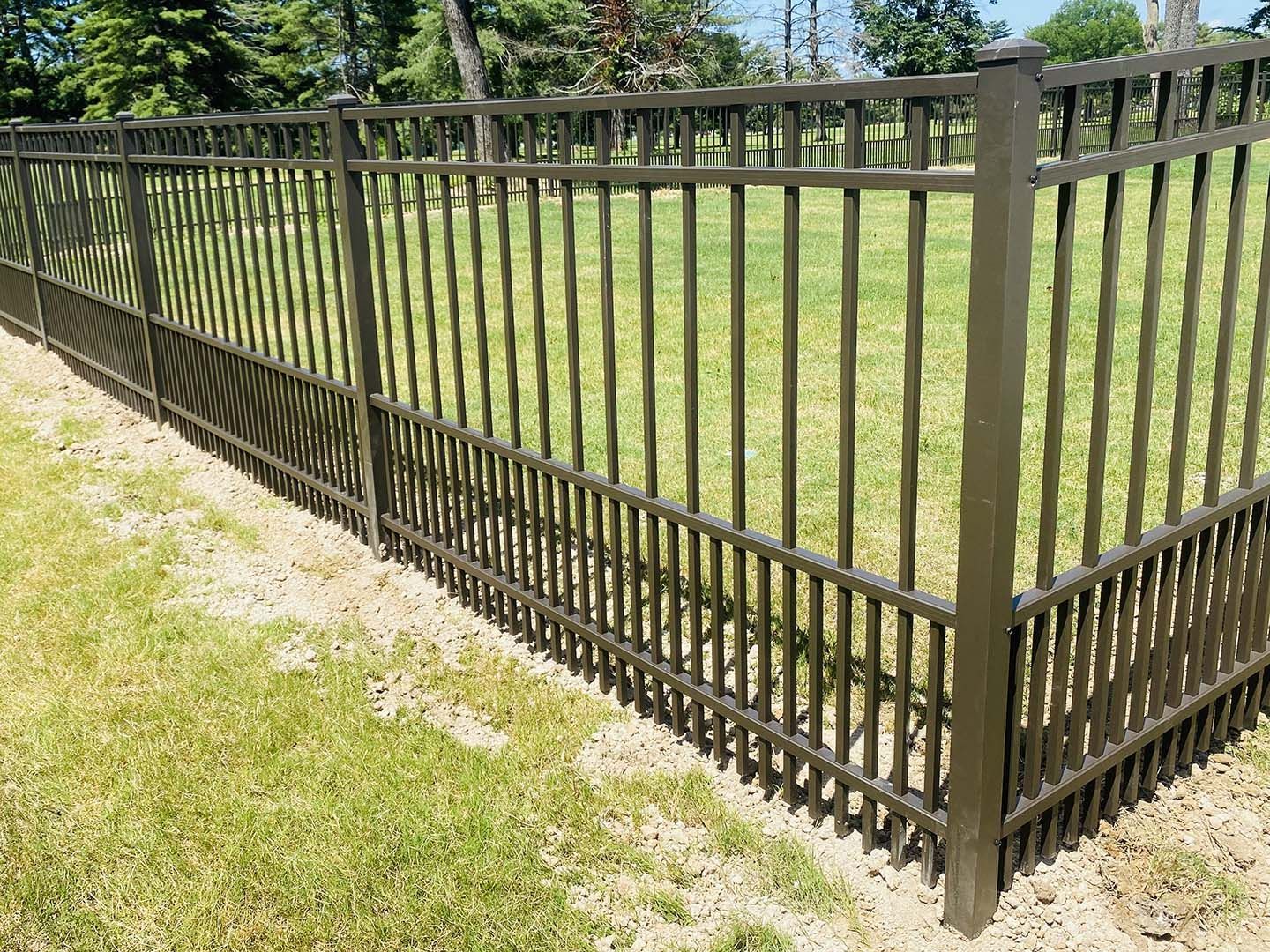 Black metal fence enclosing a grassy yard along a sidewalk, with trees in the background