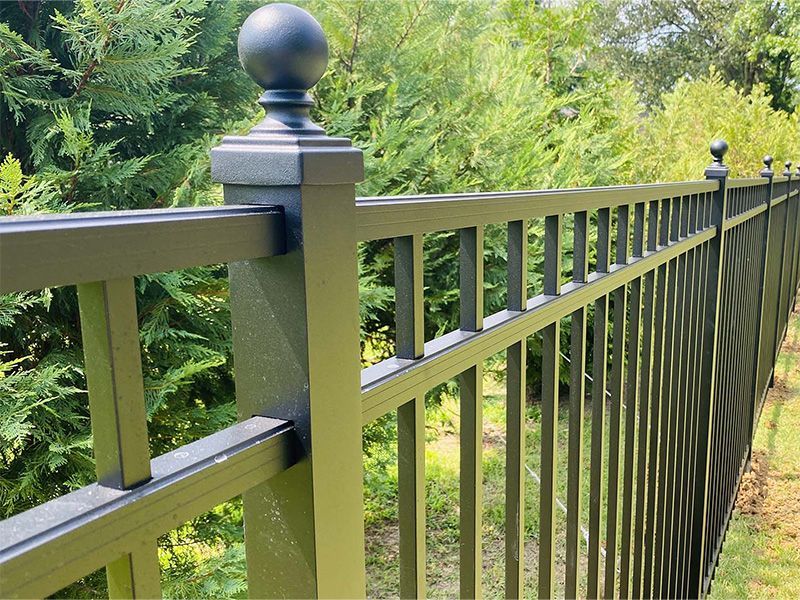 Black metal fence with ball finials along a green, tree-lined path