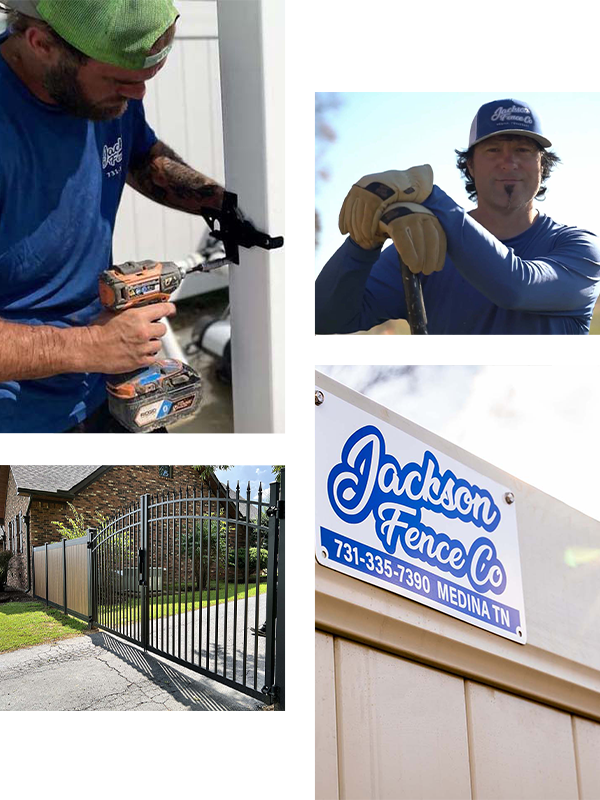 Fence company collage: worker repairing gate, worker in blue shirt, black metal fence, company sign