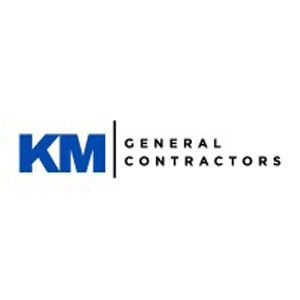 KM General Contractors logo in blue and black on a white background