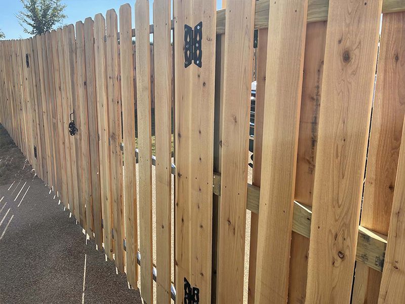 Tall wooden privacy fence along a narrow outdoor walkway, with sunlight and shadows.