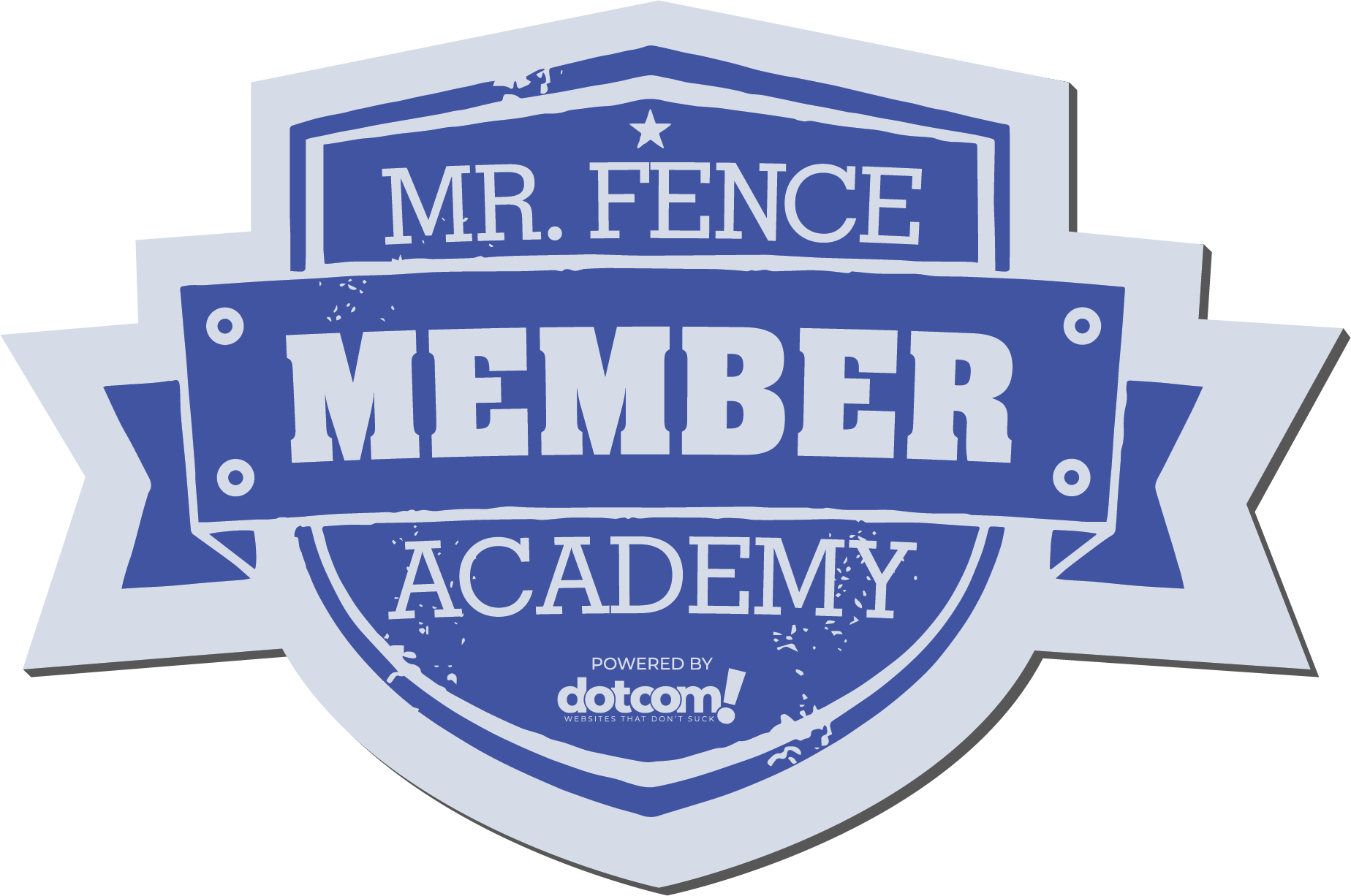 Blue and white “Mr. Fence Member Academy” shield logo with dotcom branding