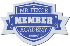 Blue and white “Mr. Fence Member Academy” shield logo with dotcom branding