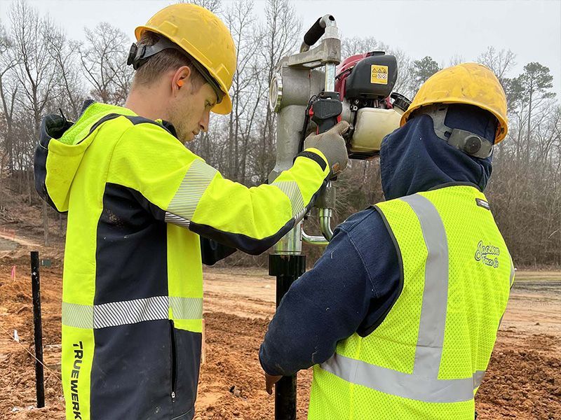 Two construction workers in hard hats and safety vests adjusting surveying equipment outdoors