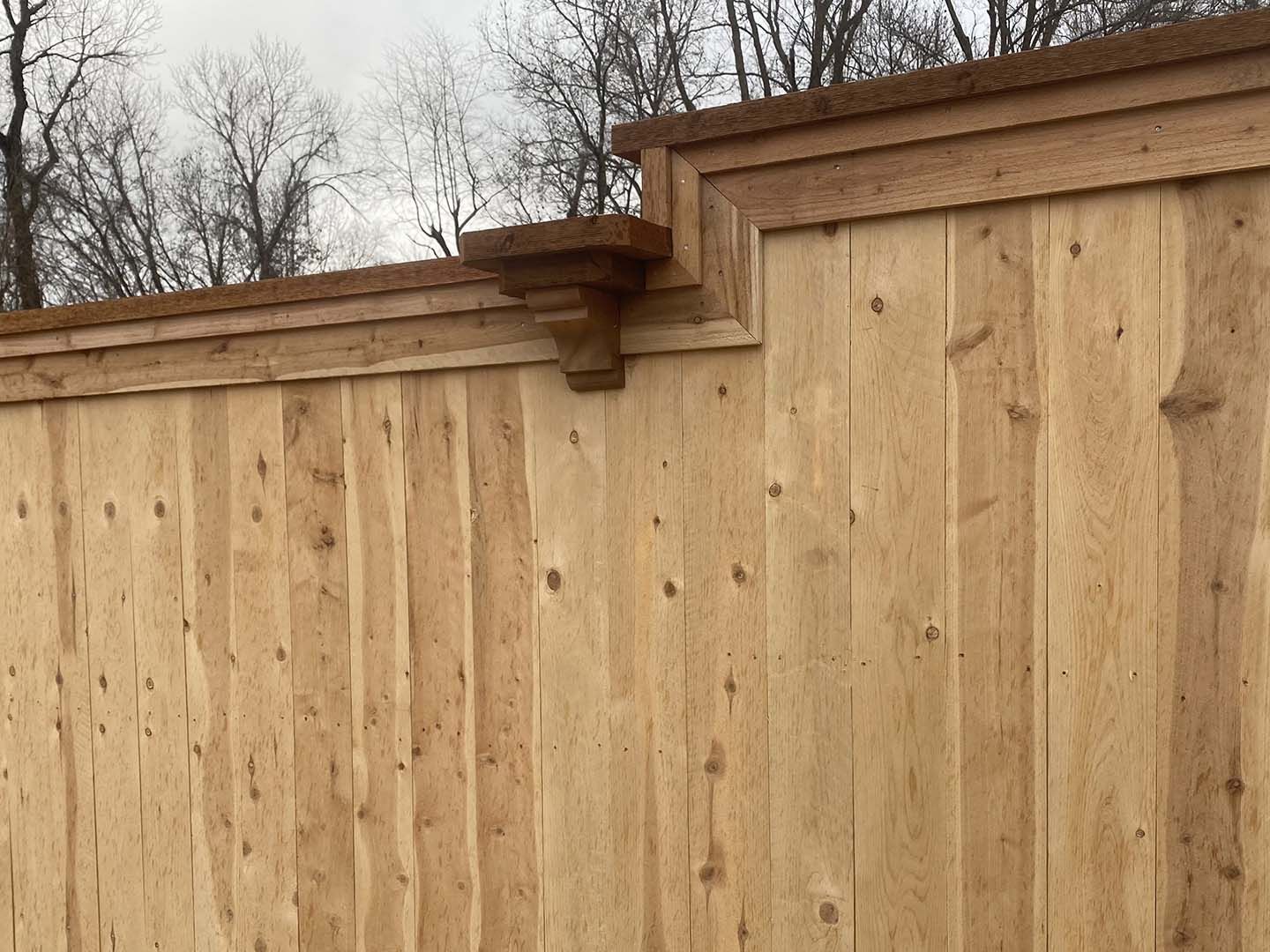 Wooden privacy fence with a decorative stepped top, set against leafless trees outdoors