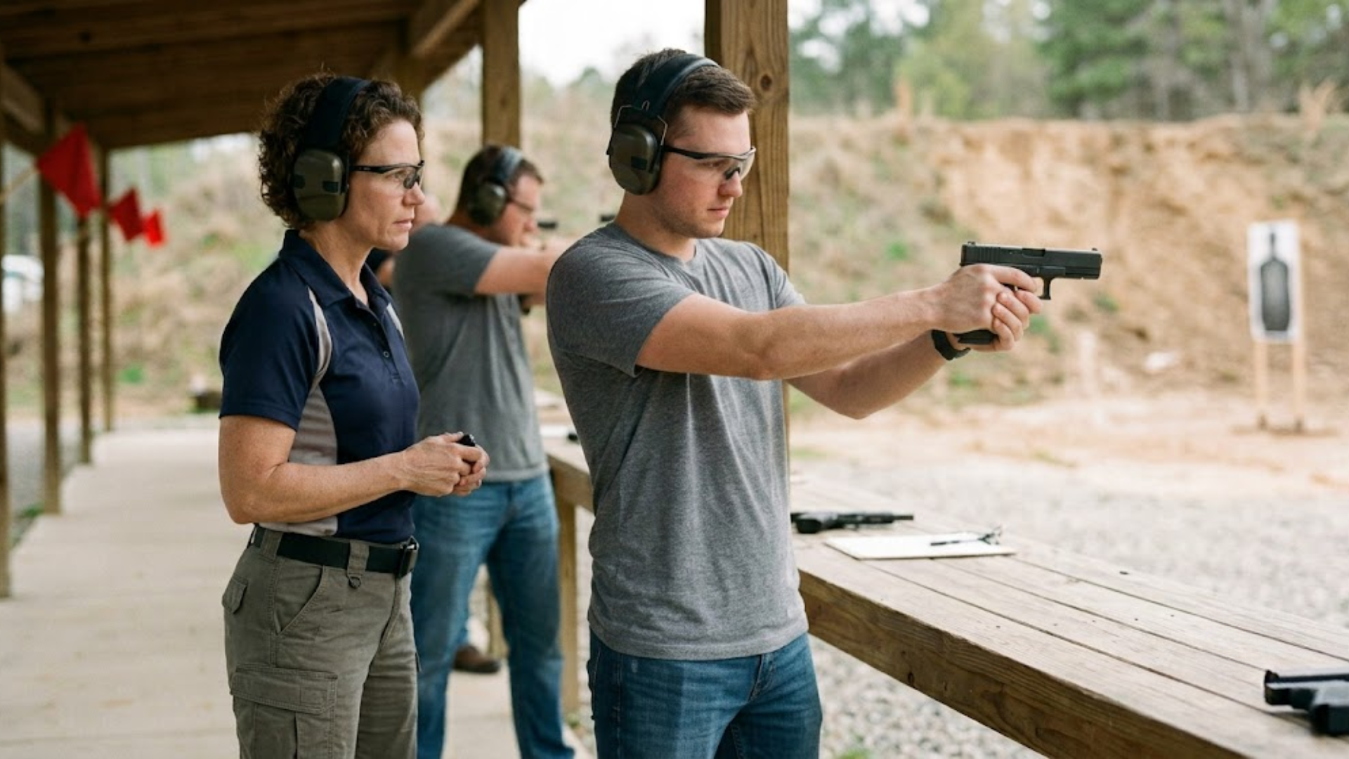 Two people at a shooting range aiming handguns, one wearing ear protection and glasses.