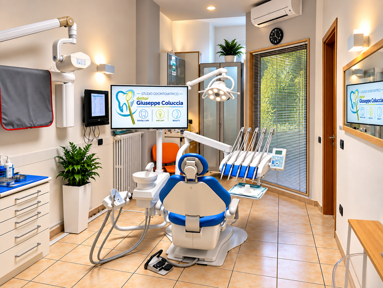 Luminosa e moderna reception di una clinica dentistica con arredi nei toni del bianco e dell'acquamarina, divano, monitor a parete, pianta e insegna con logo.