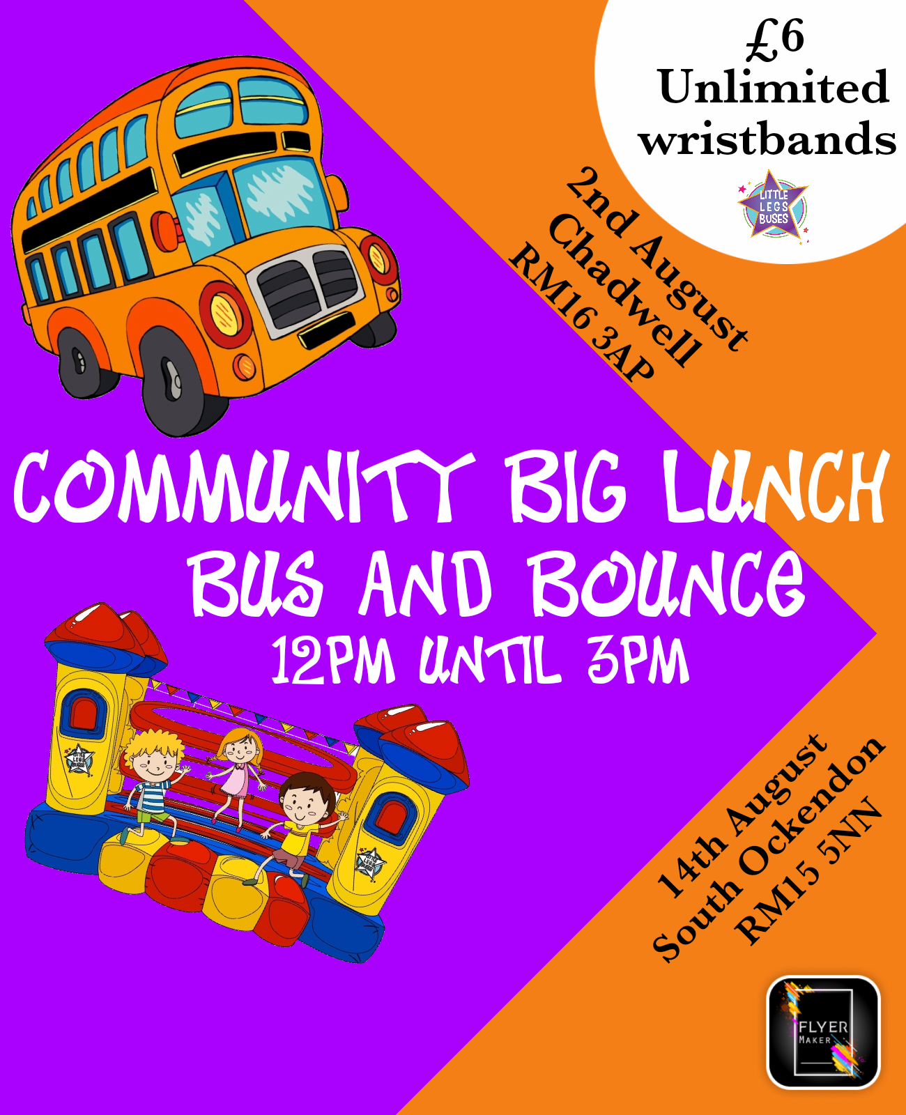 A poster for a community big lunch bus and bounce