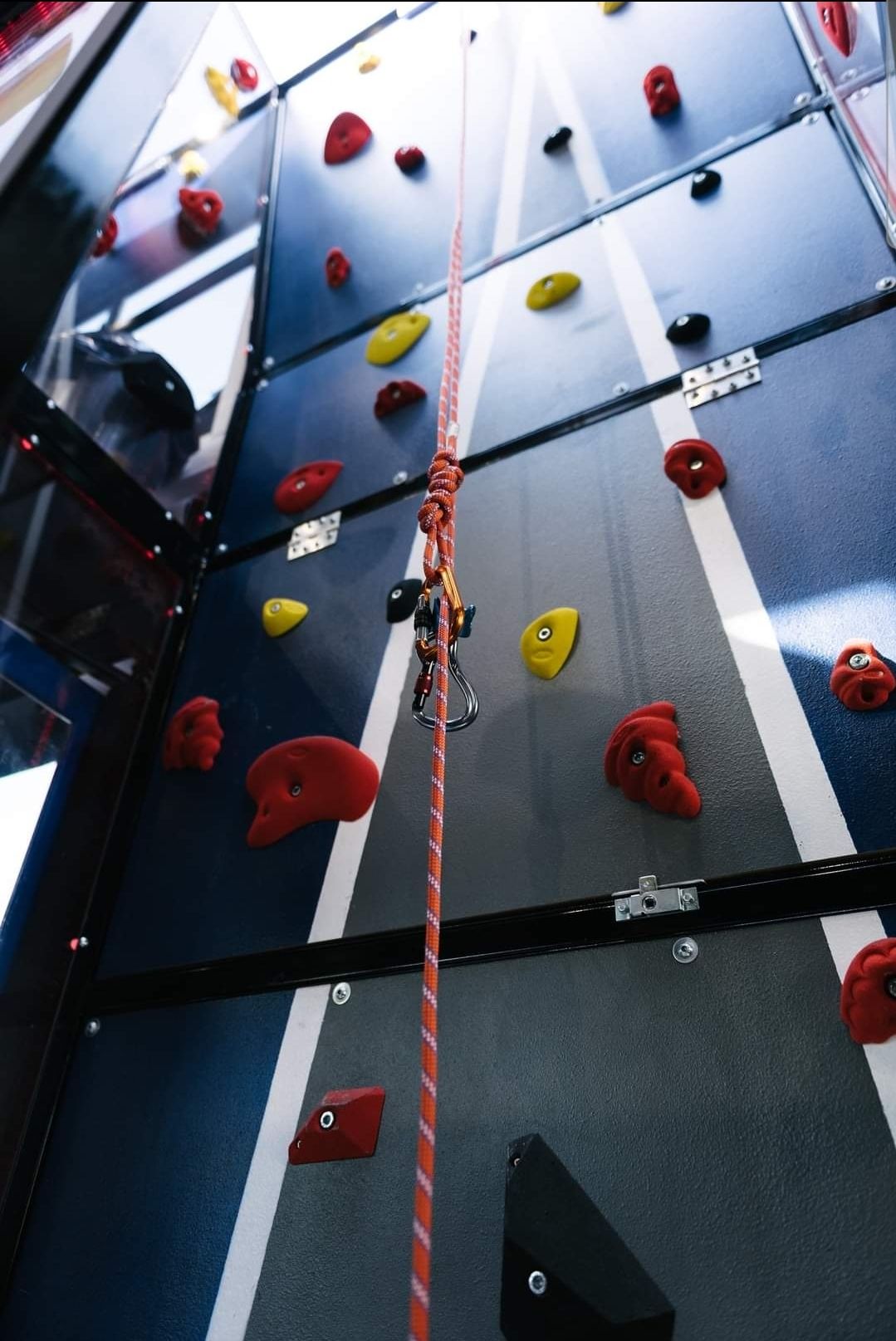 A rope is hanging from a climbing wall that says ' base ' on it