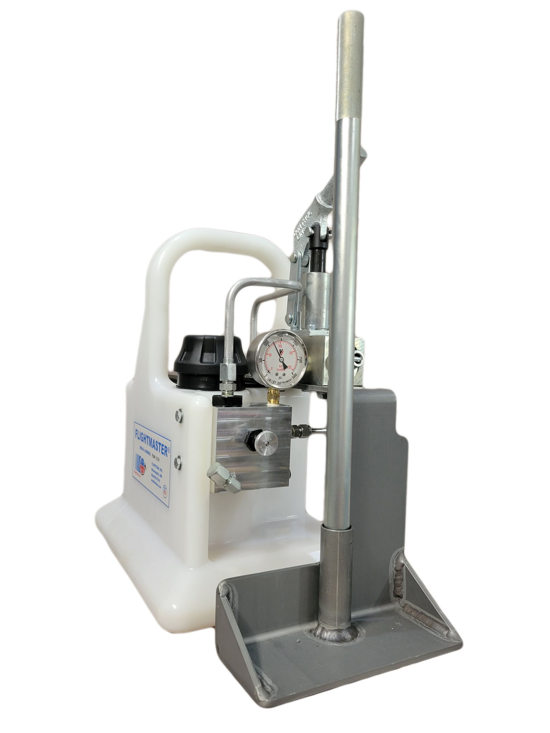 White industrial machine with vertical metal press and base platform