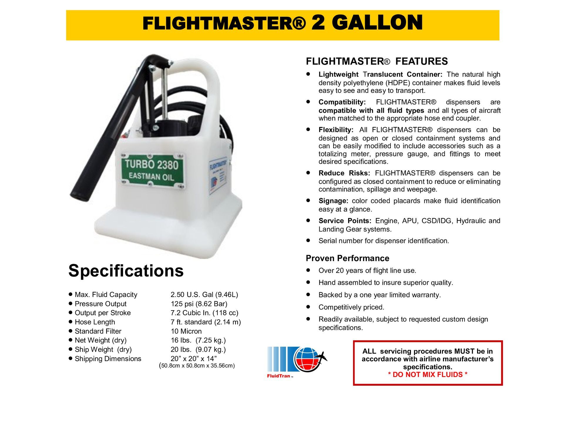 Flightmaster 2-gallon sprayer product sheet with white tank and black wand on a white background