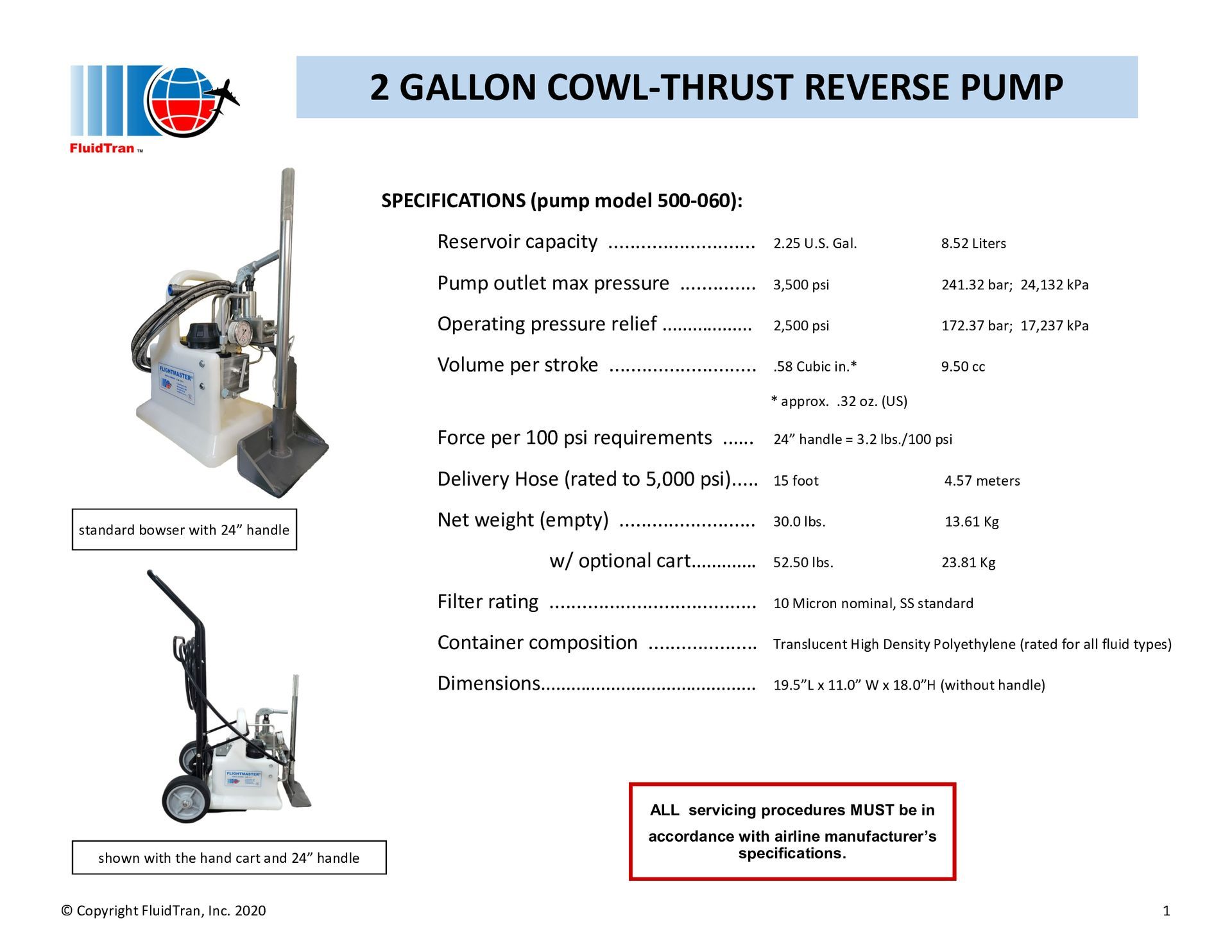 Product spec sheet for a 2-gallon cow-thrust reverse pump with two machine photos and text details