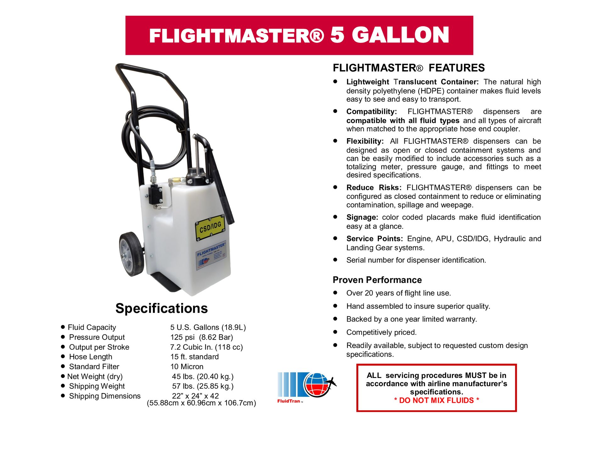 Flyer for FLIGHTMASTER 5 GALLON sprayer with product photo and specifications