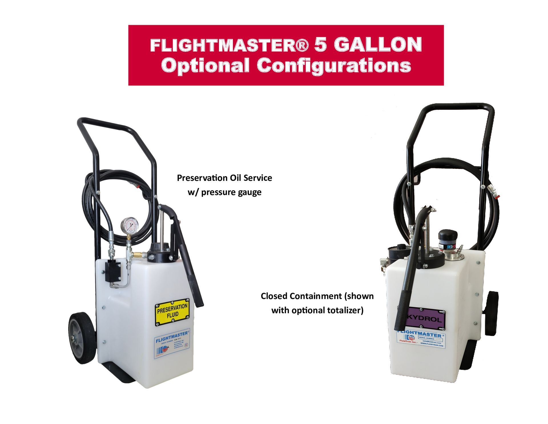 Two white Flightmaster 5-gallon sprayers with black handles and wheels, shown in front and back views