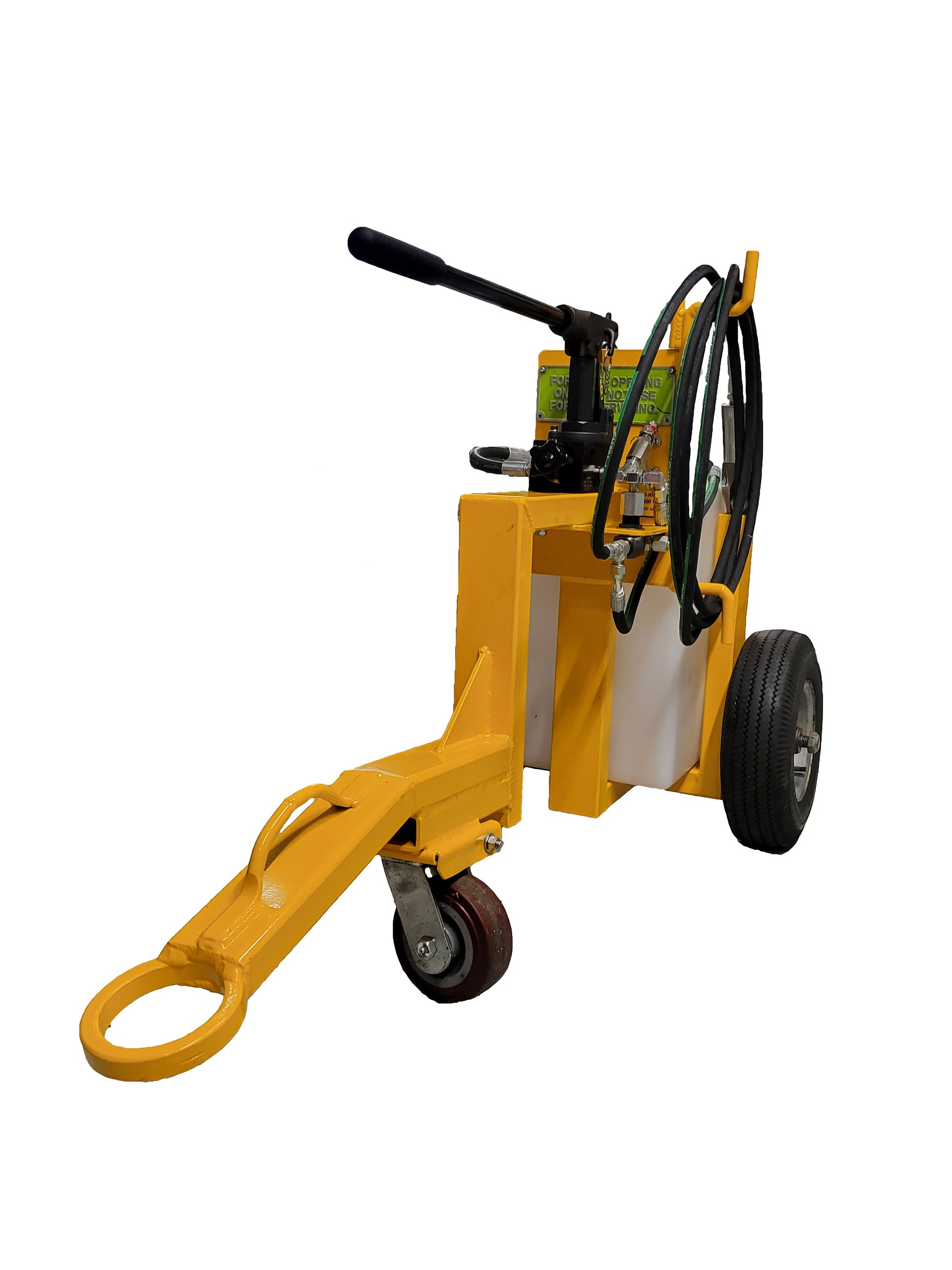 Yellow hand truck dolly with black handle and wheels, shown on a white background