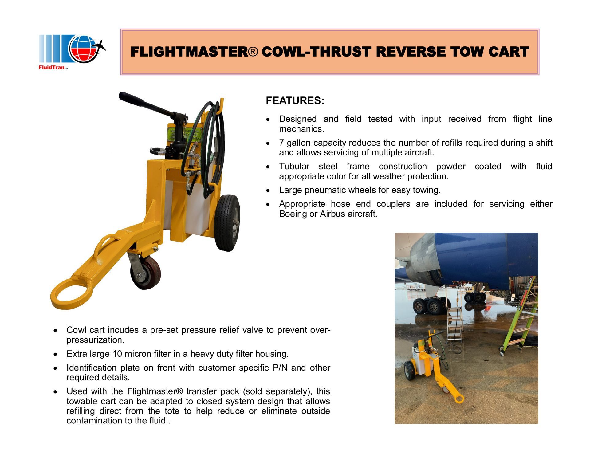 Yellow airport tow cart brochure with product photo and feature text