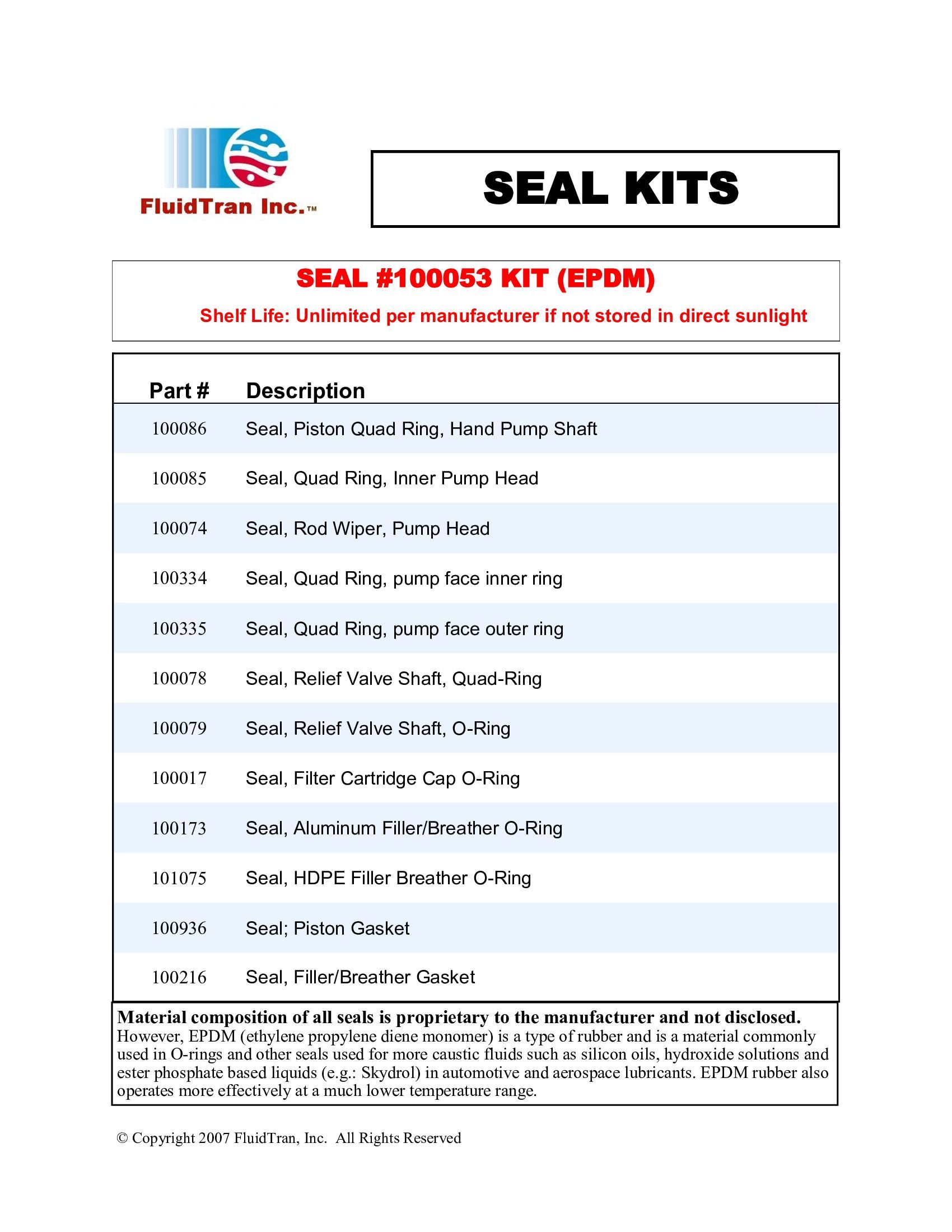 Seal kits product chart with company logo and item list on a white sheet