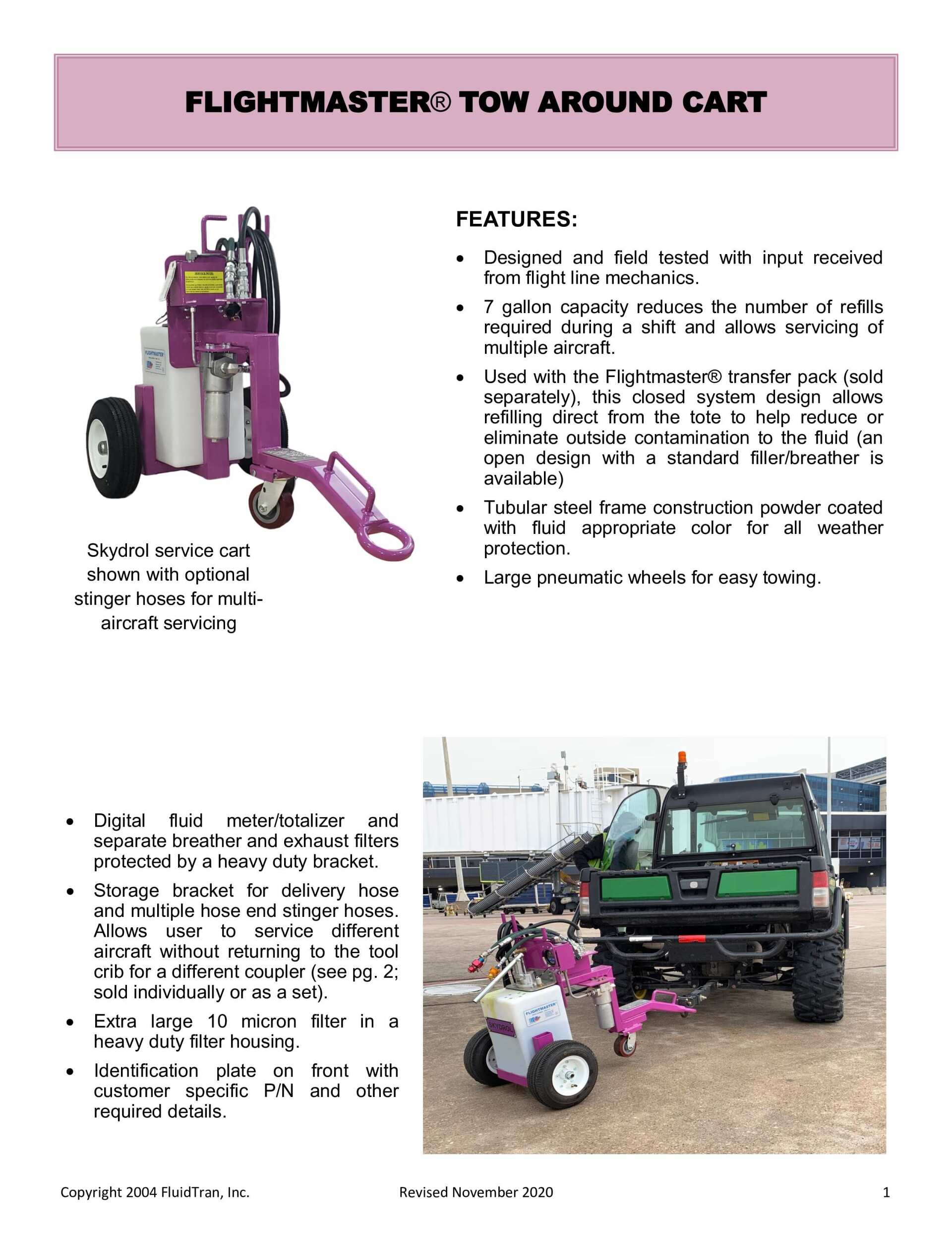 Purple tow-around cart attached to a green vehicle, shown in a product flyer with feature text.