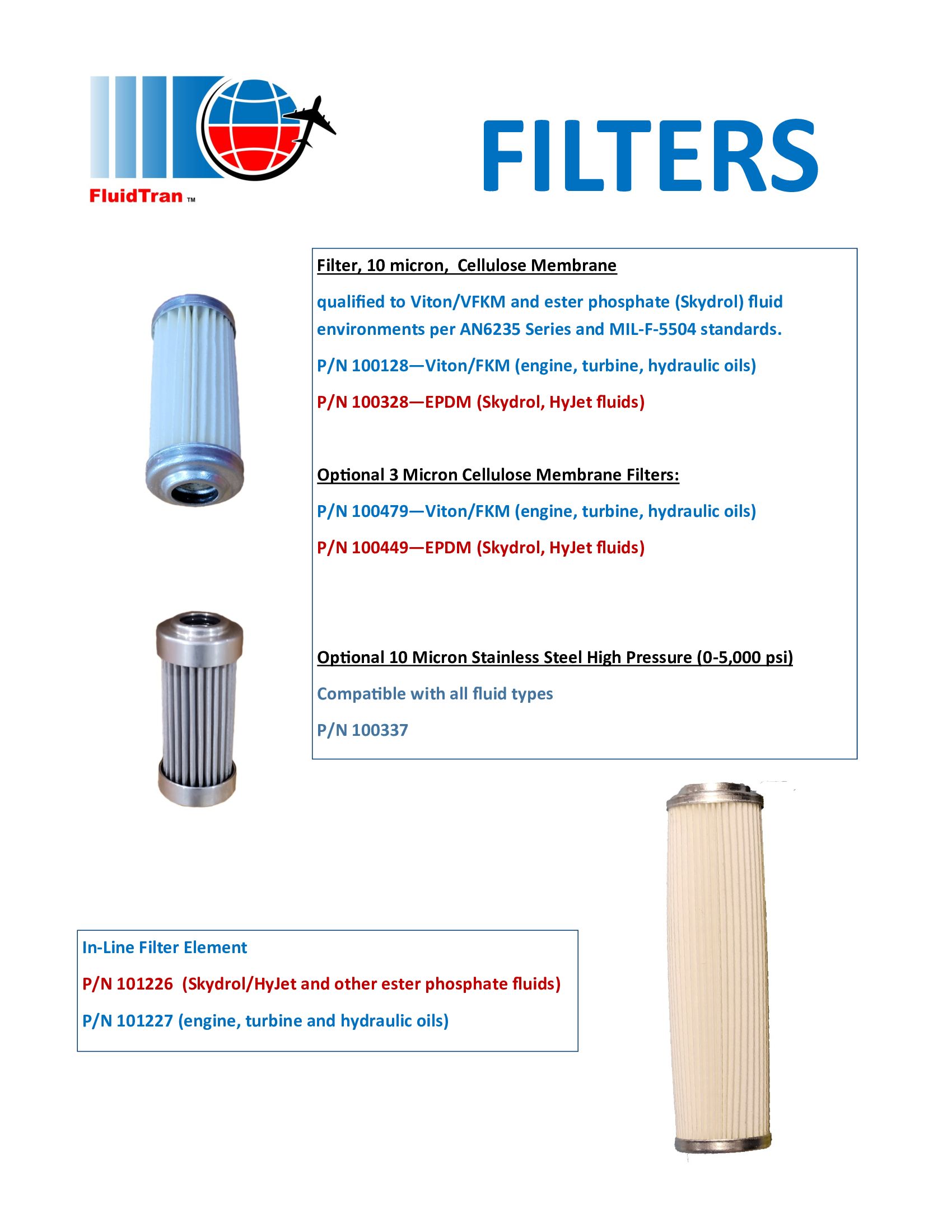 Product flyer titled “FILTERS” showing three cylindrical filter cartridges in blue, silver, and beige.