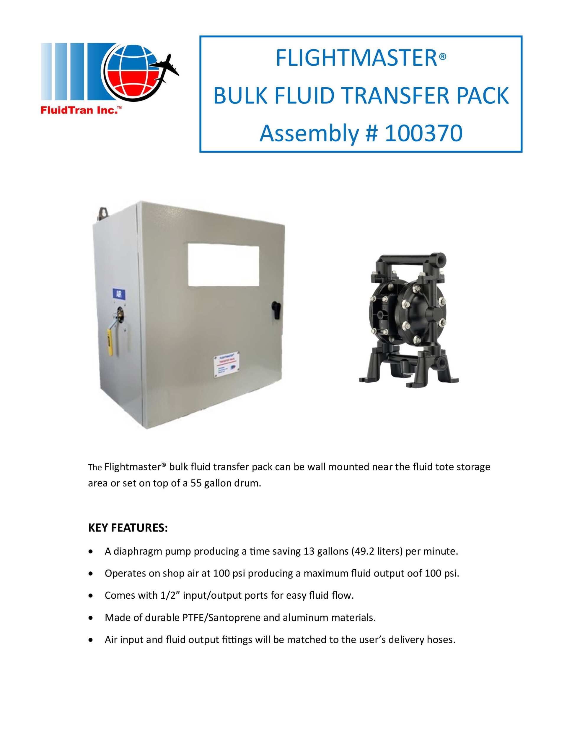 FLIGHTMASTER bulk fluid transfer pack assembly sheet showing gray cabinet and pump unit with specs text