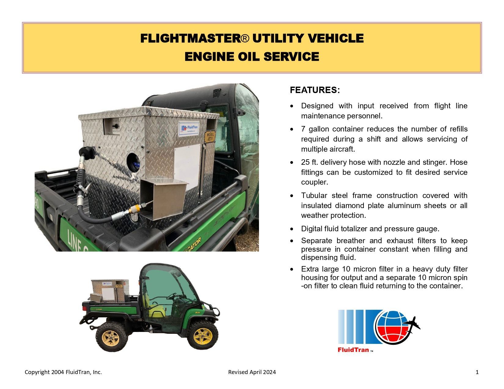 Flightmaster utility vehicle engine service sheet with vehicle photos and maintenance bullet points on a white background