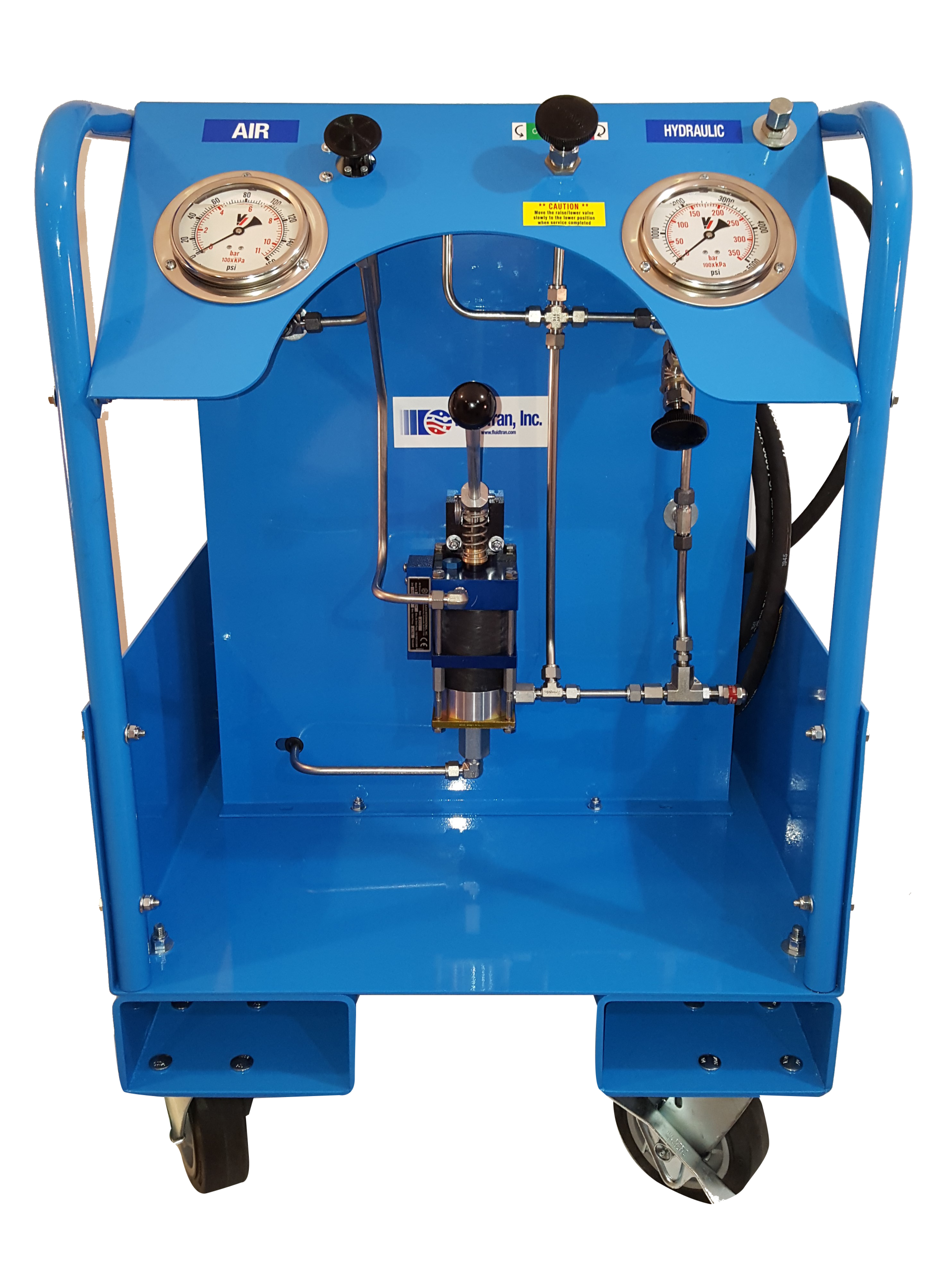 Blue industrial equipment cart with gauges, valves, and wheels