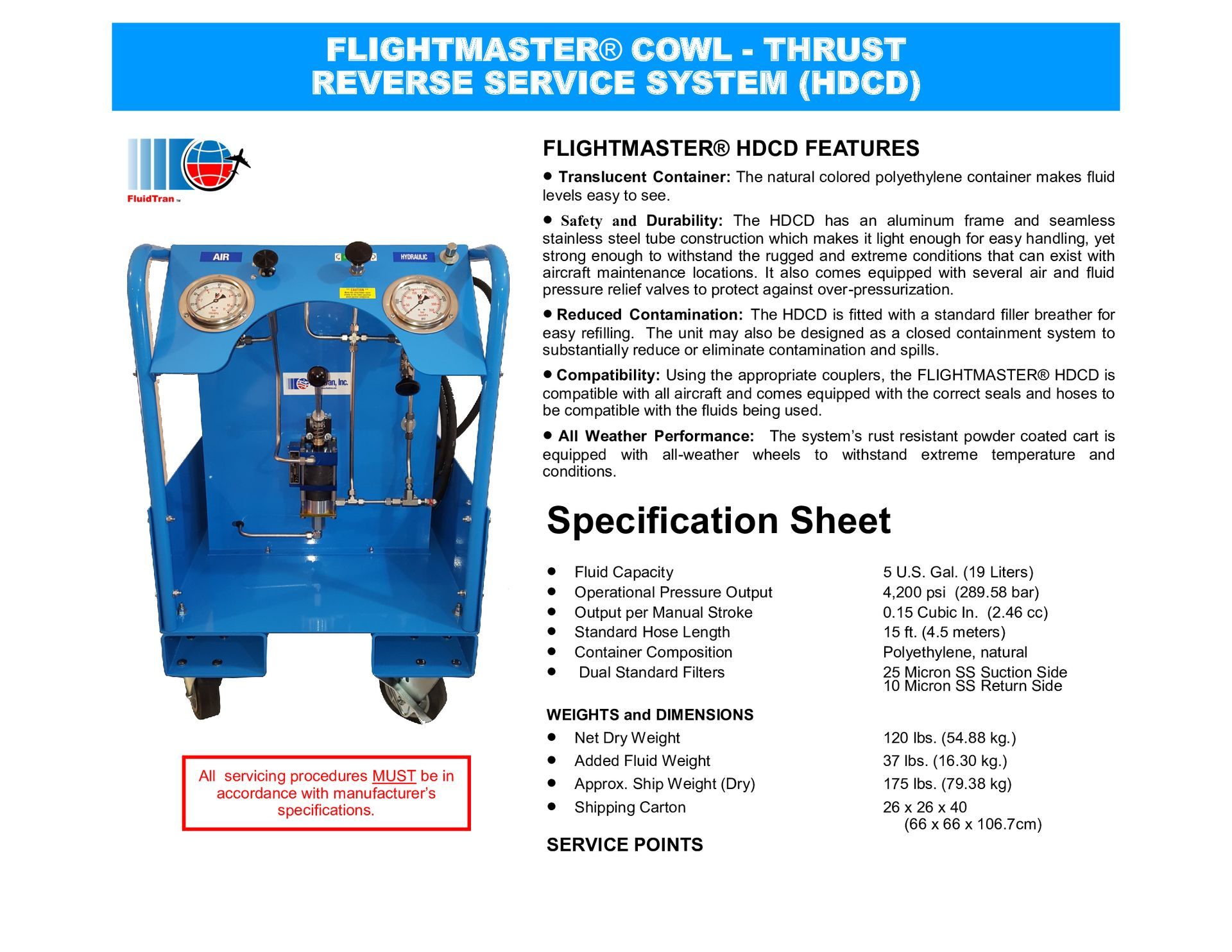 Blue aircraft reverse service system machine with a specification sheet and product details.