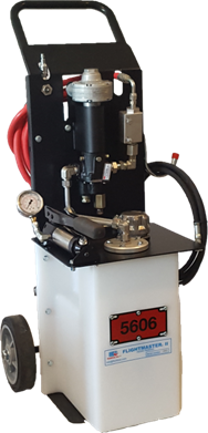 Portable white-and-black industrial machine with wheels, handle, hoses, and pressure gauge