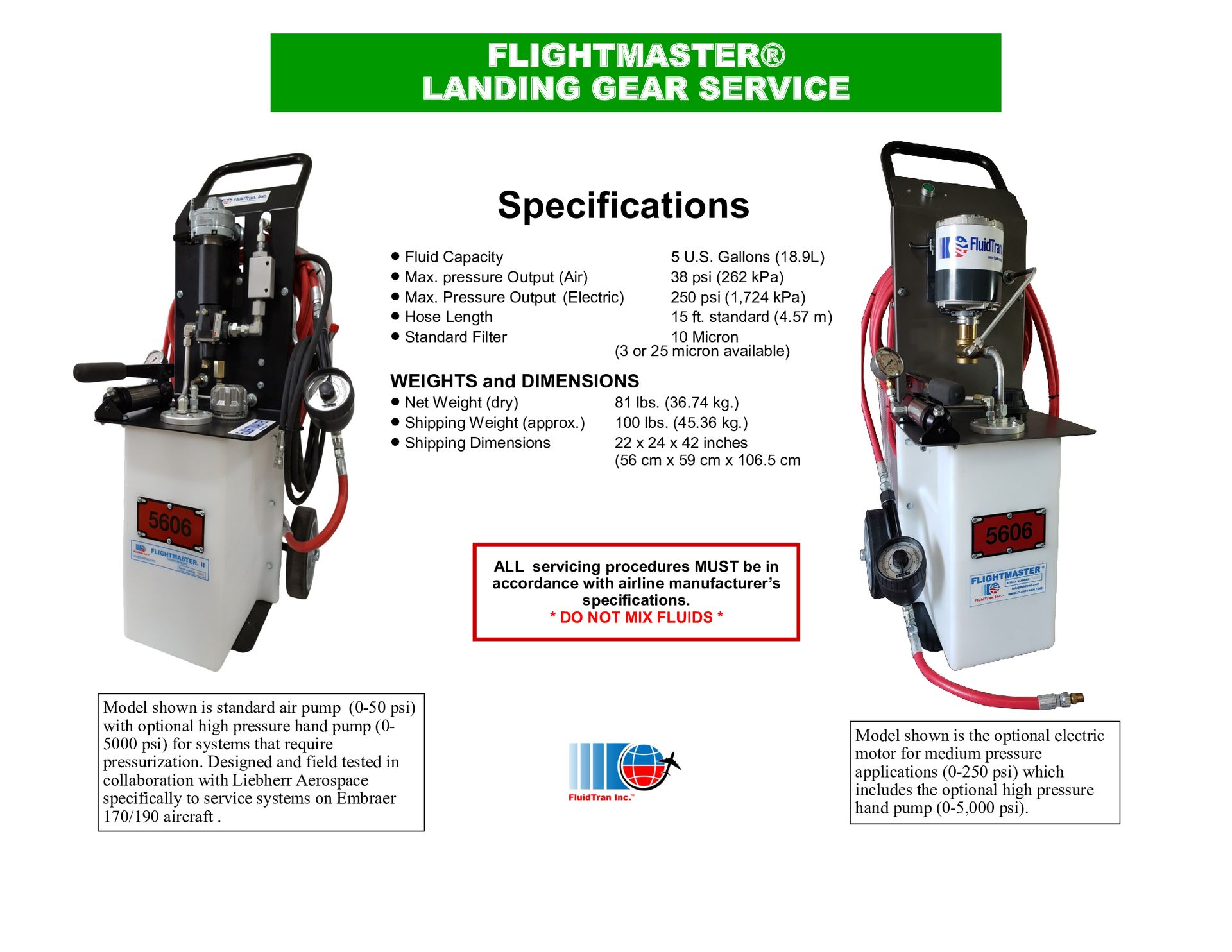 Flightmaster landing gear service flyer with two hydraulic units and specifications text on white background