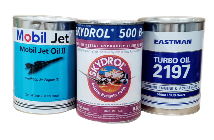 Three aviation oil cans labeled Mobil Jet Oil II, NYDROL 500B, and Eastman Turbo Oil 219.