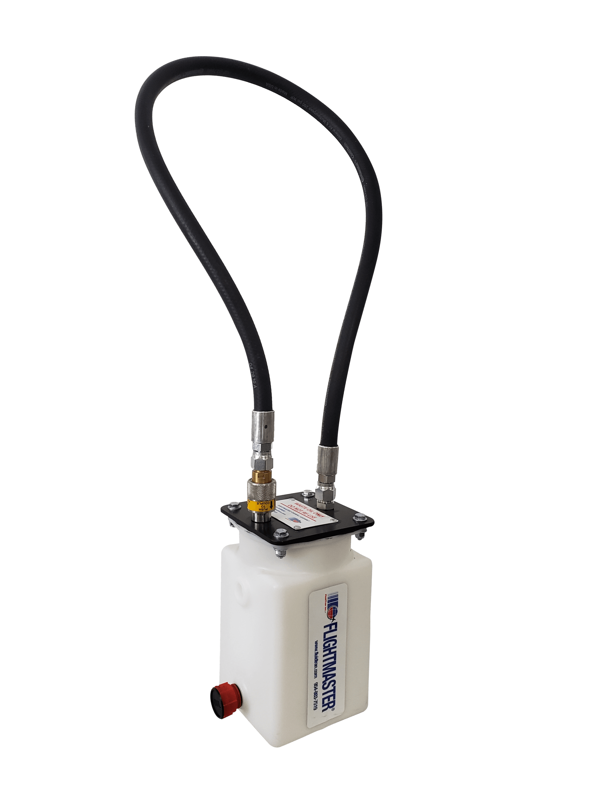 Portable white pump unit with a black hose and red knob on the front