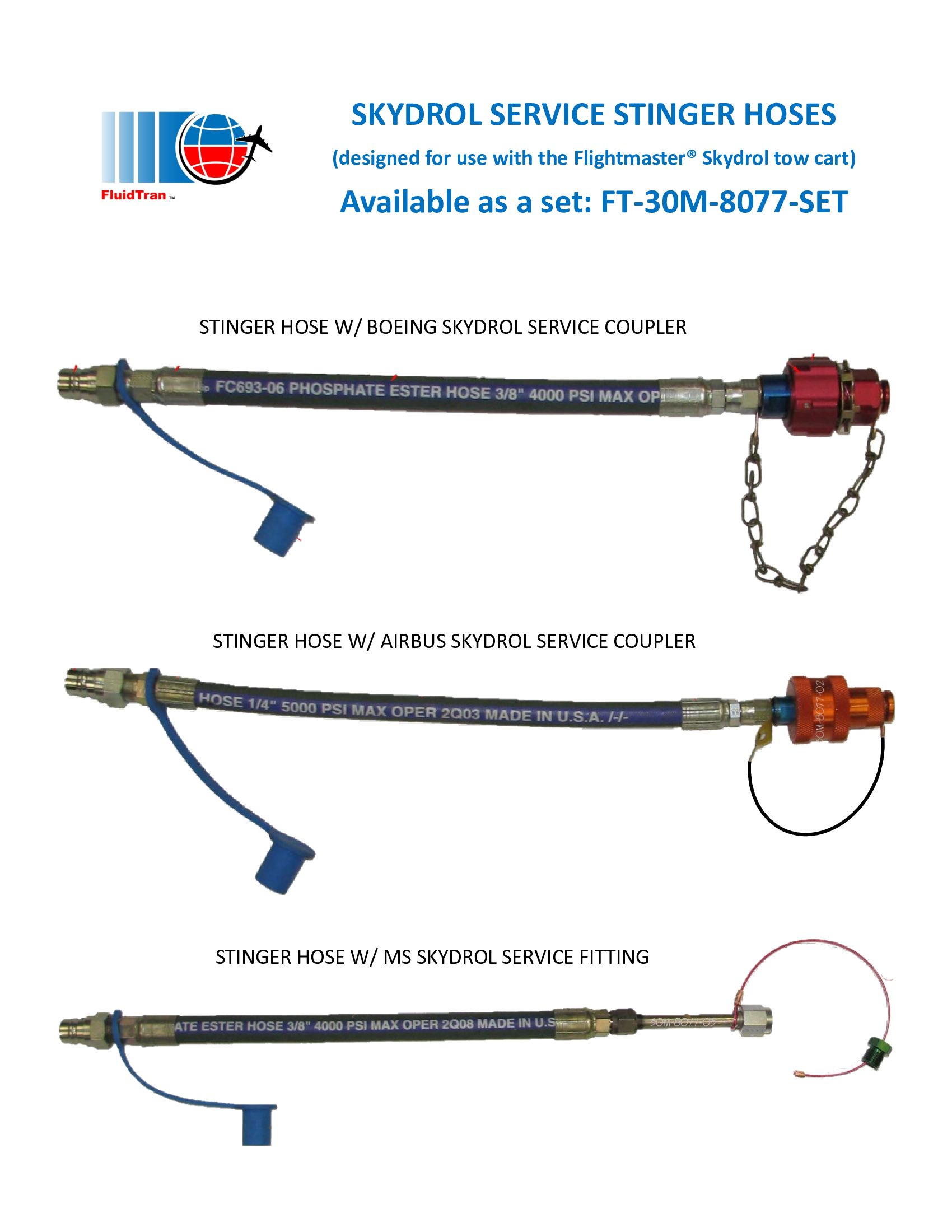 Skydrol service stinger hoses shown in three styles with blue handles and metal fittings on a white background