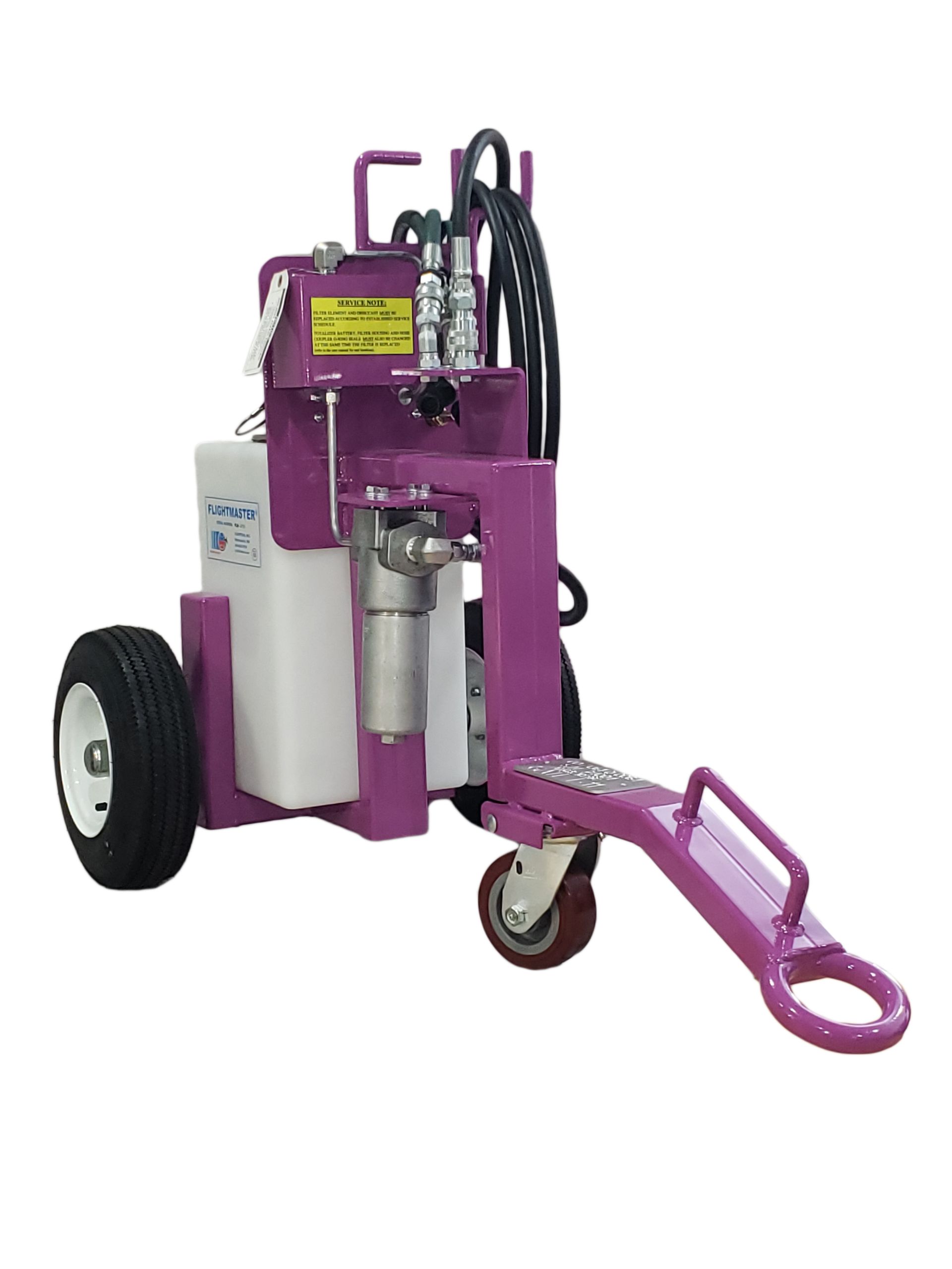 Purple industrial hand-pump cart with large rear wheels and front caster, angled to the right.