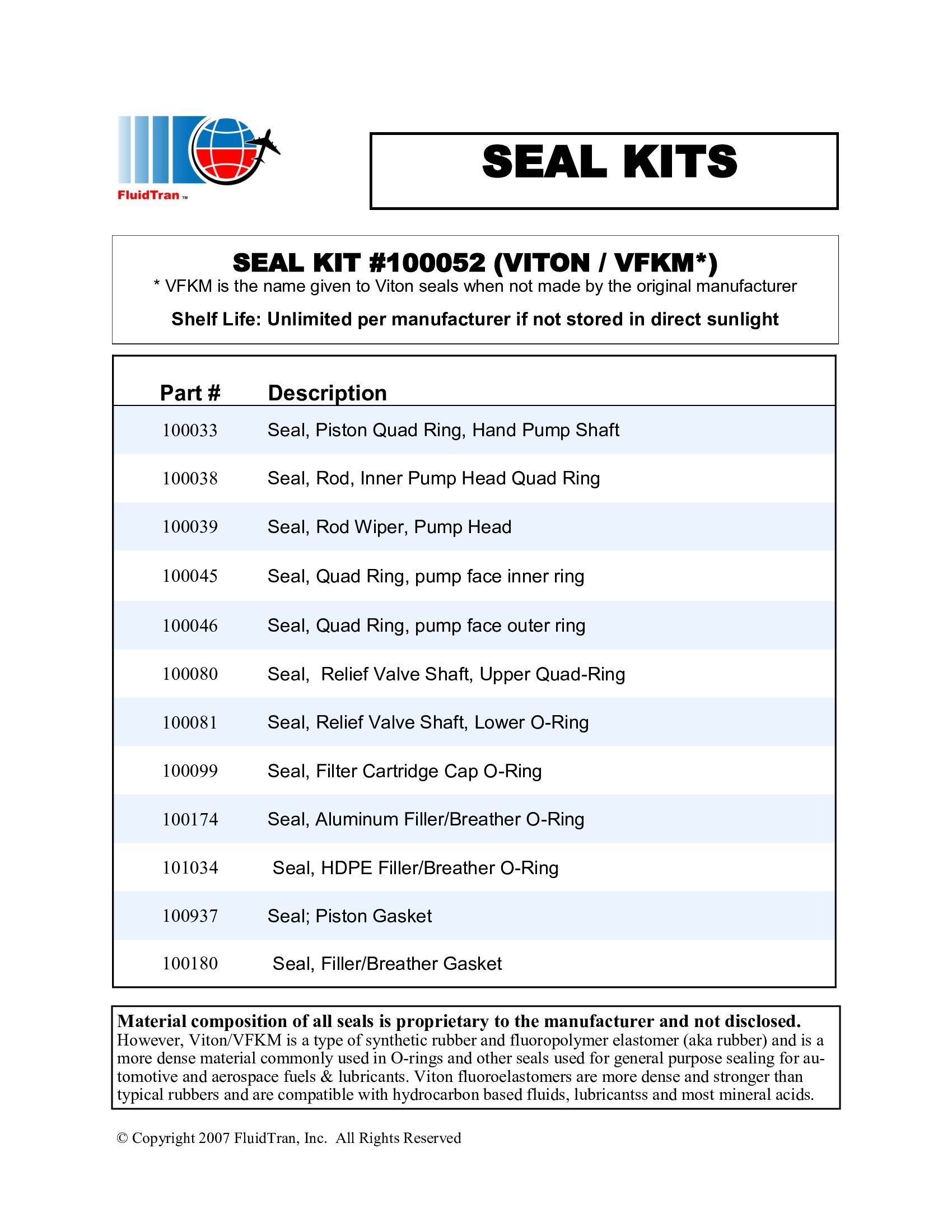 Printed “SEAL KITS” catalog page with a table of parts and item numbers.