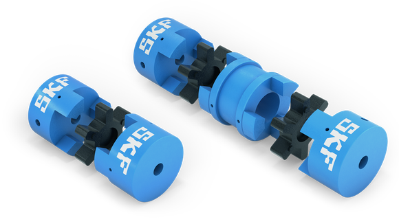 Giunti flessibili SKF blu e neri, uno montato e uno smontato, per la trasmissione di potenza meccanica.
