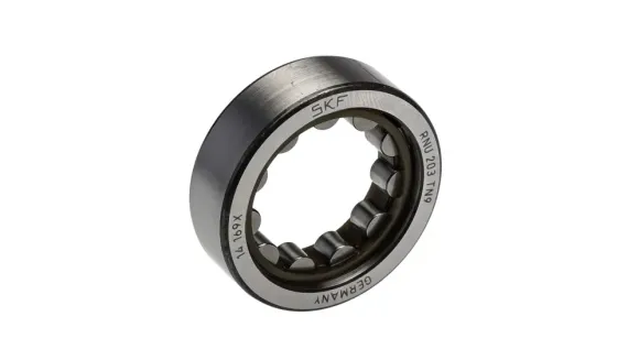 Cuscinetto a rulli con logo e marcature SKF, struttura in acciaio.