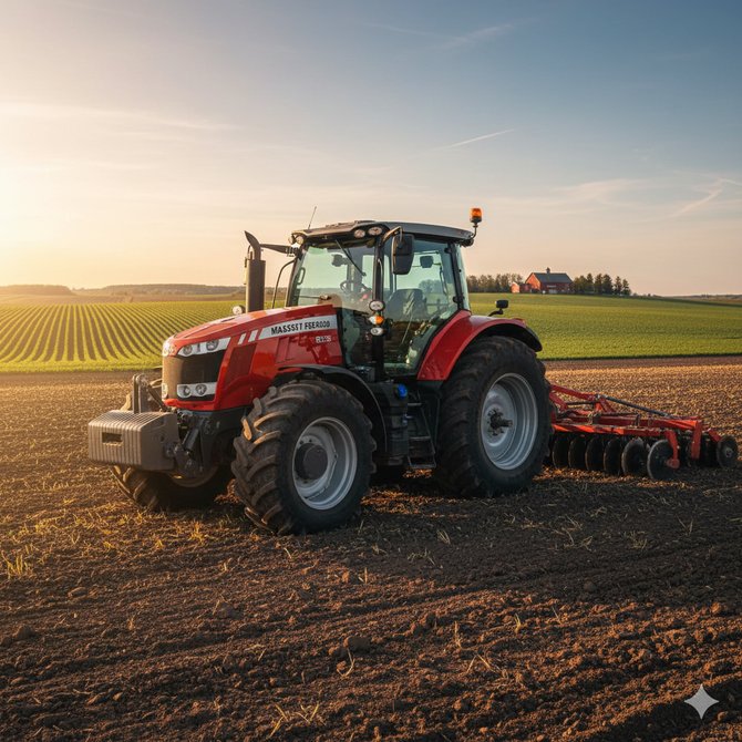 trattore in un campo al tramonto
