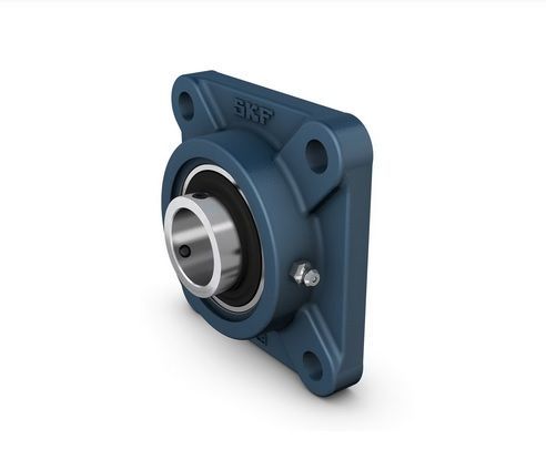 Cuscinetto flangiato SKF blu con cuscinetto argentato all'interno, quattro fori di montaggio.